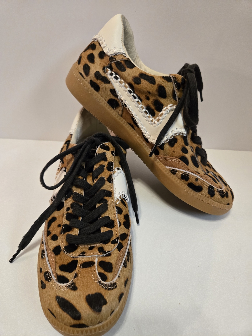 Leopard Print Lace-Up Sneakers in Tan & Black